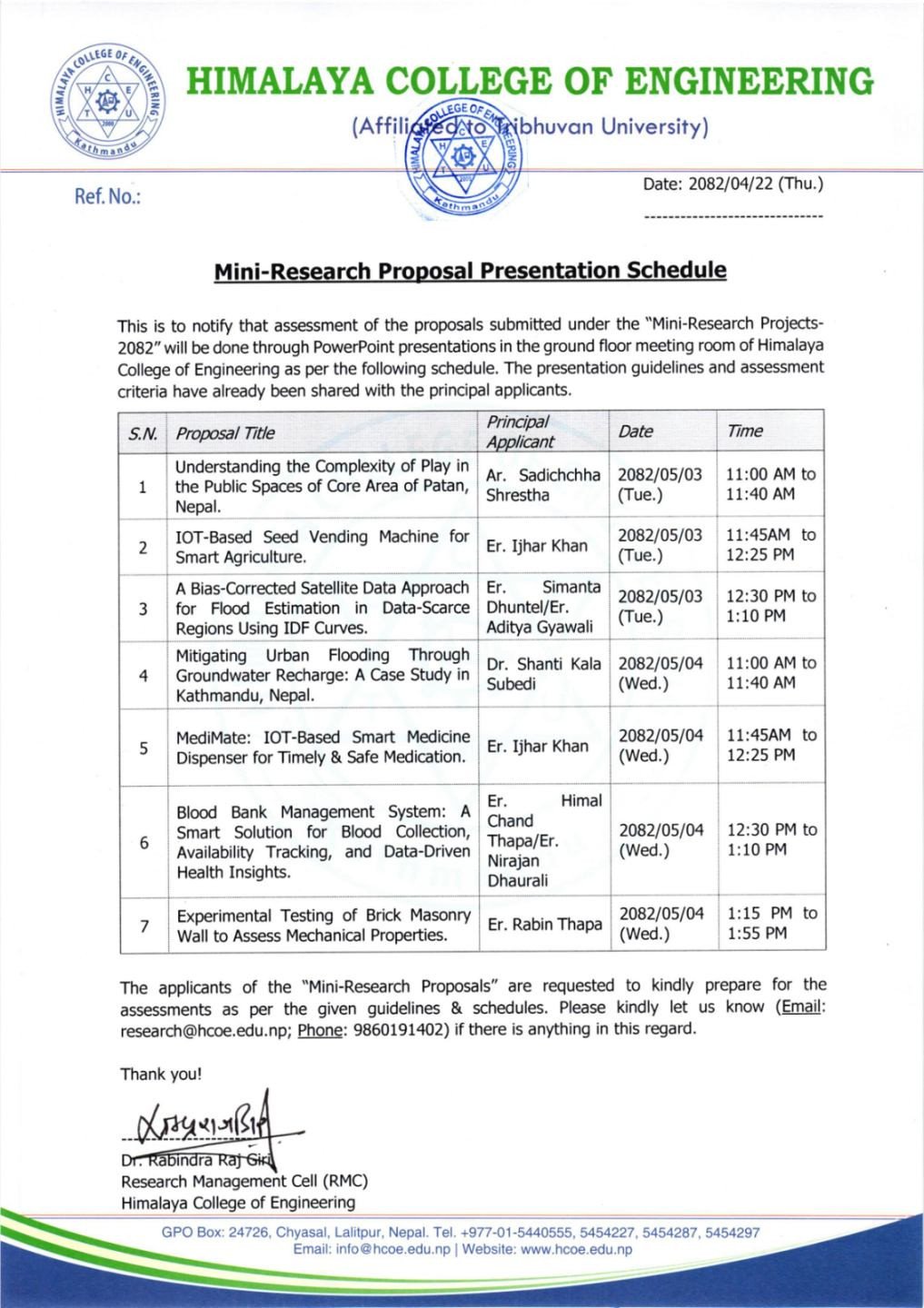 Mini-Research Proposal Presentation Schedule.